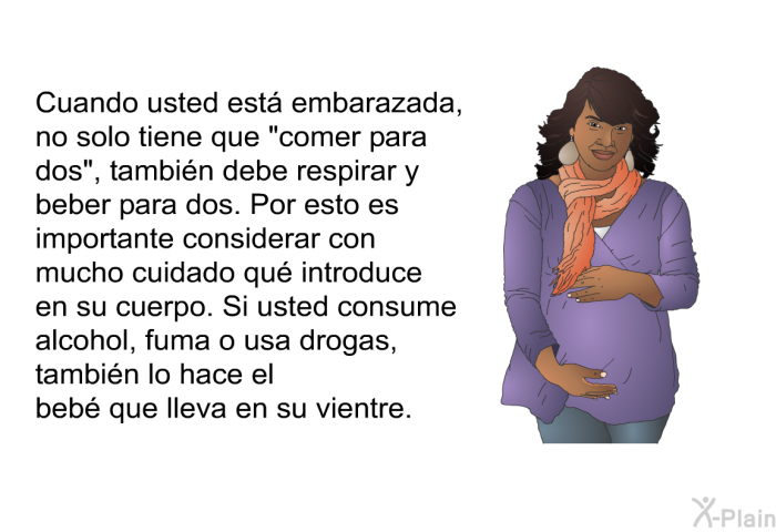 Cuando usted est embarazada, no solo tiene que “comer para dos”, tambin debe respirar y beber para dos. Por esto es importante considerar con mucho cuidado qu introduce en su cuerpo. Si usted consume alcohol, fuma o usa drogas, tambin lo hace el beb que lleva en su vientre.