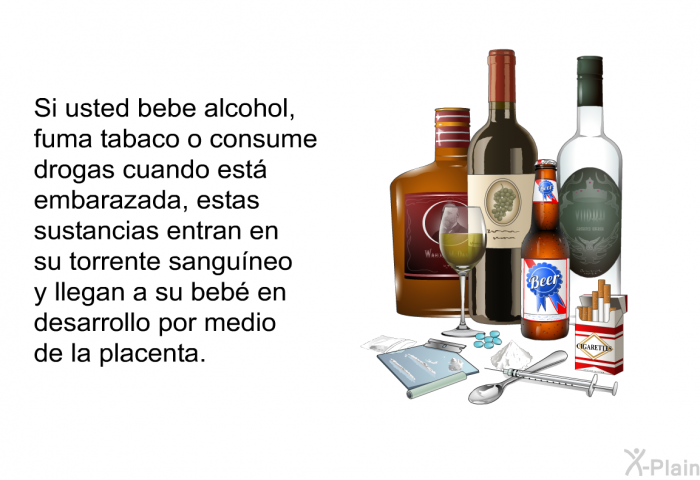 Si usted bebe alcohol, fuma tabaco o consume drogas cuando est embarazada, estas sustancias entran en su torrente sanguneo y llegan a su beb en desarrollo por medio de la placenta.