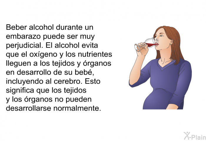 Beber alcohol durante un embarazo puede ser muy perjudicial. El alcohol evita que el oxgeno y los nutrientes lleguen a los tejidos y rganos en desarrollo de su beb, incluyendo al cerebro. Esto significa que los tejidos y los rganos no pueden desarrollarse normalmente.