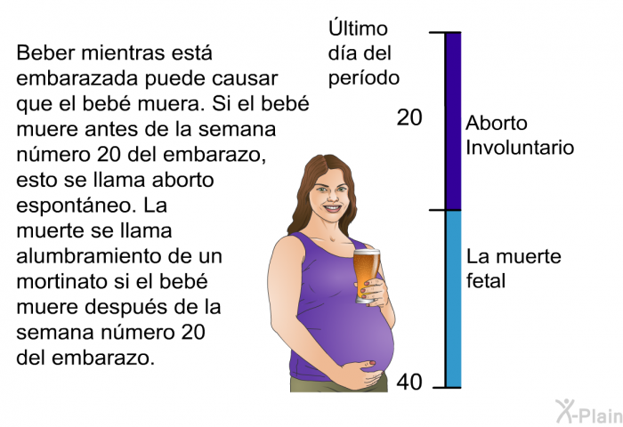 Beber mientras est embarazada puede causar que el beb muera. Si el beb muere antes de la semana nmero 20 del embarazo, esto se llama aborto espontneo. La muerte se llama alumbramiento de un mortinato si el beb muere despus de la semana nmero 20 del embarazo.