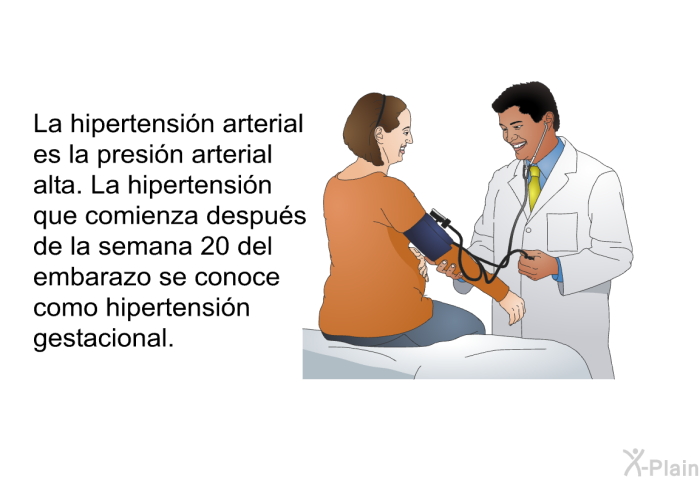 La hipertensin arterial es la presin arterial alta. La hipertensin que comienza despus de la semana 20 del embarazo se conoce como hipertensin gestacional.