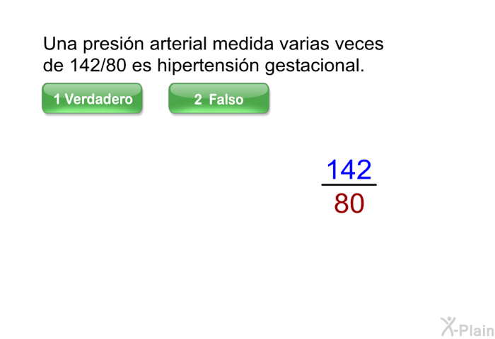 Una presin arterial medida varias veces de 142/80 es hipertensin gestacional.