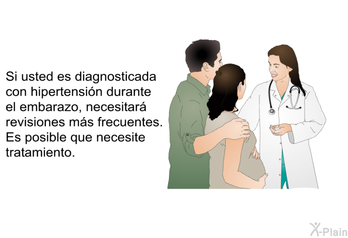 Si usted es diagnosticada con hipertensin durante el embarazo, necesitar revisiones ms frecuentes. Es posible que necesite tratamiento.