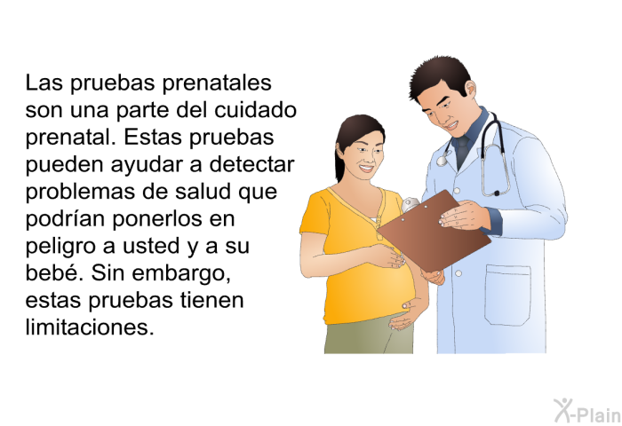 Las pruebas prenatales son una parte del cuidado prenatal. Estas pruebas pueden ayudar a detectar problemas de salud que podran ponerlos en peligro a usted y a su beb. Sin embargo, estas pruebas tienen limitaciones.