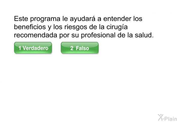 Este programa le ayudar a entender los beneficios y los riesgos de la ciruga recomendada por su profesional de la salud.