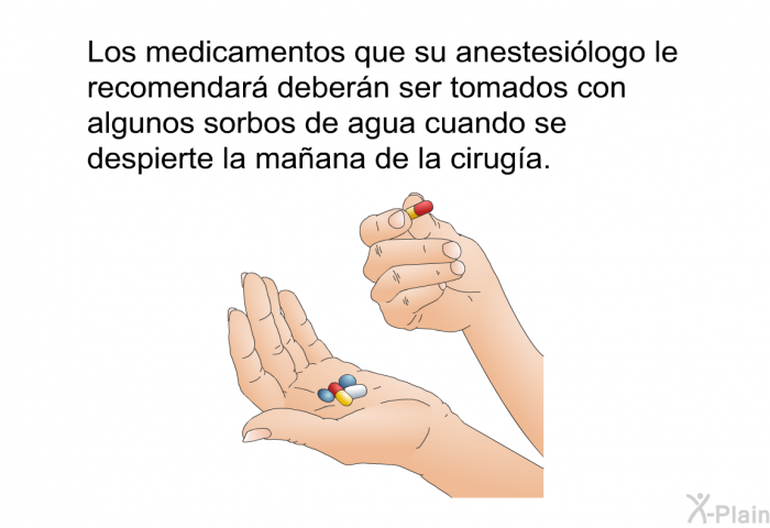 Los medicamentos que su anestesilogo le recomendar debern ser tomados con algunos sorbos de agua cuando se despierte la maana de la ciruga.