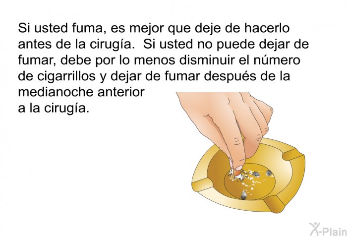 Si usted fuma, es mejor que deje de hacerlo antes de la ciruga. Si usted no puede dejar de fumar, debe por lo menos disminuir el nmero de cigarrillos y dejar de fumar despus de la medianoche anterior a la ciruga.