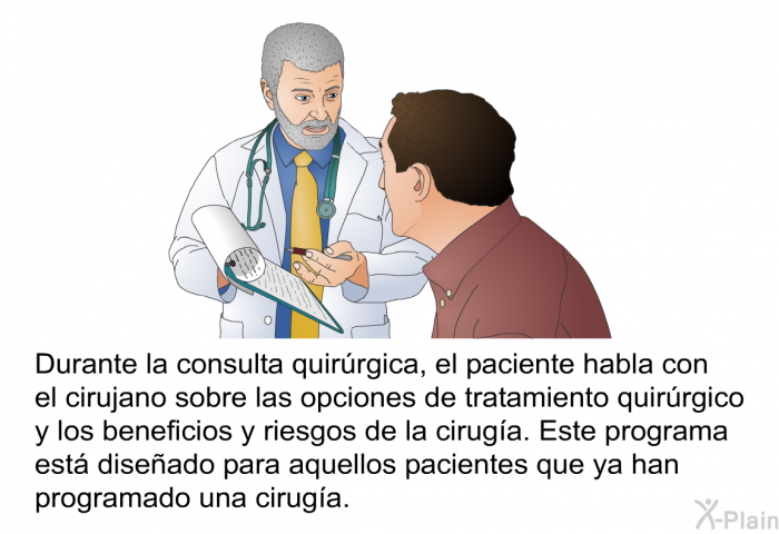 Durante la consulta quirrgica, el paciente habla con el cirujano sobre las opciones de tratamiento quirrgico y los beneficios y riesgos de la ciruga. Esta informacin acerca de su salud est diseado para aquellos pacientes que ya han programado una ciruga.