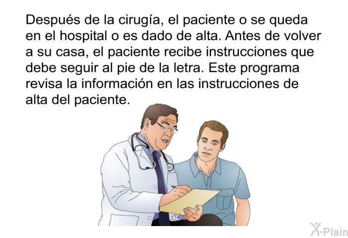 Despus de la ciruga, el paciente o se queda en el hospital o es dado de alta. Antes de volver a su casa, el paciente recibe instrucciones que debe seguir al pie de la letra. Este programa revisa la informacin en las instrucciones de alta del paciente.