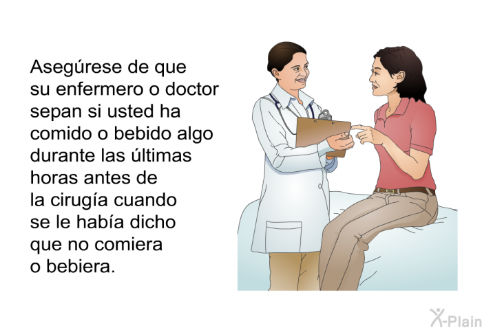 Asegrese de que su enfermero o doctor sepan si usted ha comido o bebido algo durante las ltimas horas antes de la ciruga cuando se le haba dicho que no comiera o bebiera.