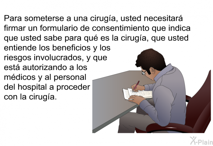 Para someterse a una ciruga, usted necesitar firmar un formulario de consentimiento que indica que usted sabe para qu es la ciruga, que usted entiende los beneficios y los riesgos involucrados, y que est autorizando a los mdicos y al personal del hospital a proceder con la ciruga.