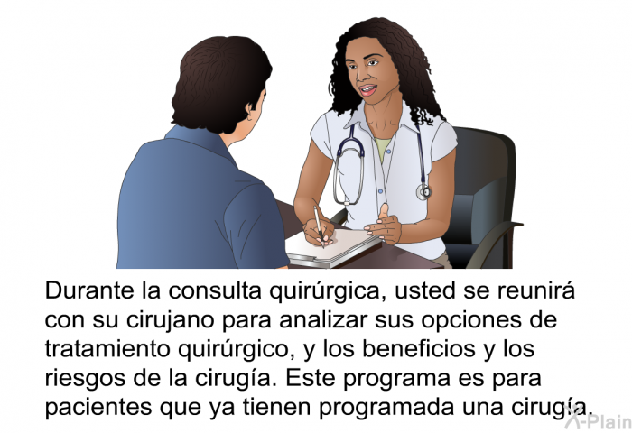 Durante la consulta quirrgica, usted se reunir con su cirujano para analizar sus opciones de tratamiento quirrgico, y los beneficios y los riesgos de la ciruga Esta informacin acerca de su salud es para pacientes que ya tienen programada una ciruga.