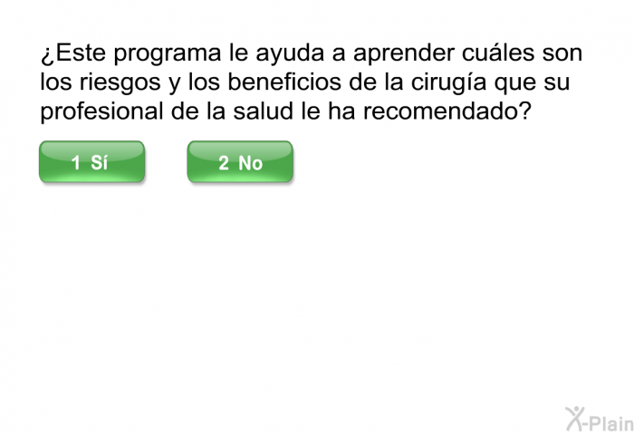 ¿Este programa le ayuda a aprender cules son los riesgos y los beneficios de la ciruga que su profesional de la salud le ha recomendado?