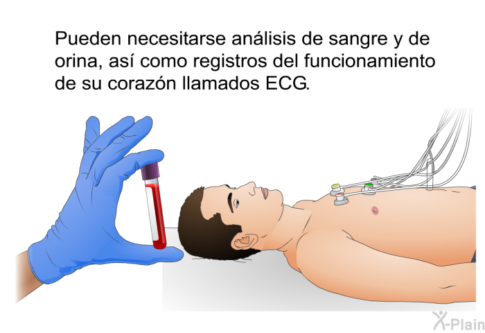 Pueden necesitarse anlisis de sangre y de orina, as como registros del funcionamiento de su corazn llamados ECG.