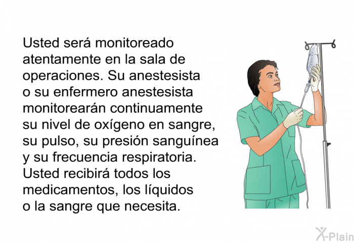Usted ser� monitoreado atentamente en la sala de operaciones. Su anestesista o su enfermero anestesista monitorear�n continuamente su nivel de ox�geno en sangre, su pulso, su presi�n sangu�nea y su frecuencia respiratoria. Usted recibir� todos los medicamentos, los l�quidos o la sangre que necesita.