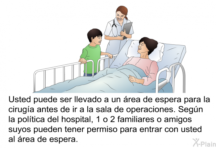 Usted puede ser llevado a un �rea de espera para la cirug�a antes de ir a la sala de operaciones. Seg�n la pol�tica del hospital, 1 o 2 familiares o amigos suyos pueden tener permiso para entrar con usted al �rea de espera.