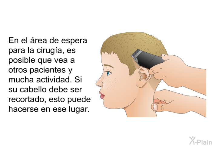 En el �rea de espera para la cirug�a, es posible que vea a otros pacientes y mucha actividad. Si su cabello debe ser recortado, esto puede hacerse en ese lugar.