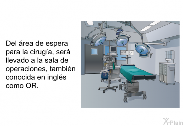 Del �rea de espera para la cirug�a, ser� llevado a la sala de operaciones, tambi�n conocida en ingl�s como OR.