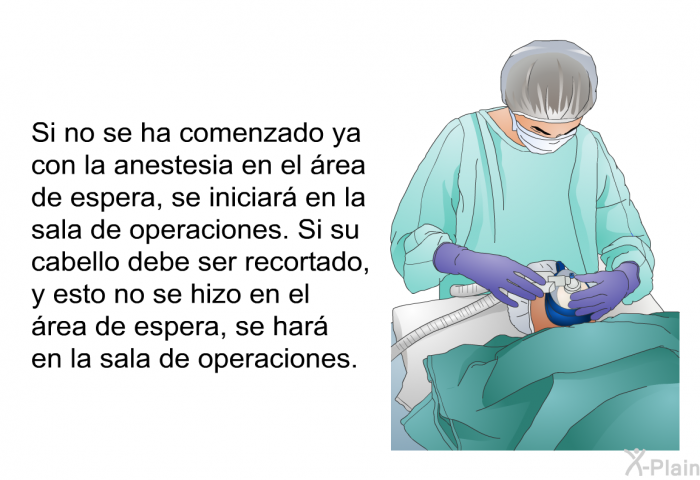 Si no se ha comenzado ya con la anestesia en el �rea de espera, se iniciar� en la sala de operaciones. Si su cabello debe ser recortado, y esto no se hizo en el �rea de espera, se har� en la sala de operaciones.
