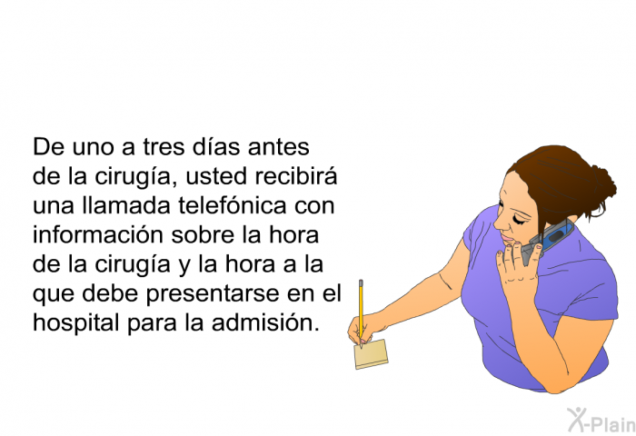 De uno a tres das antes de la ciruga, usted recibir una llamada telefnica con informacin sobre la hora de la ciruga y la hora a la que debe presentarse en el hospital para la admisin.