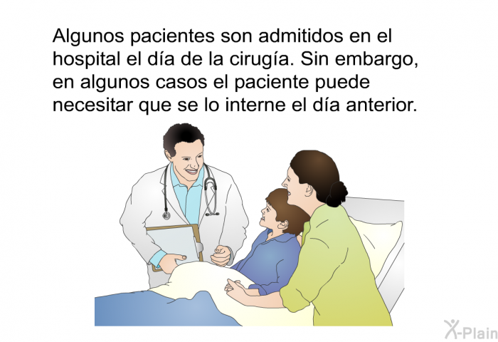 Algunos pacientes son admitidos en el hospital el da de la ciruga. Sin embargo, en algunos casos el paciente puede necesitar que se lo interne el da anterior.