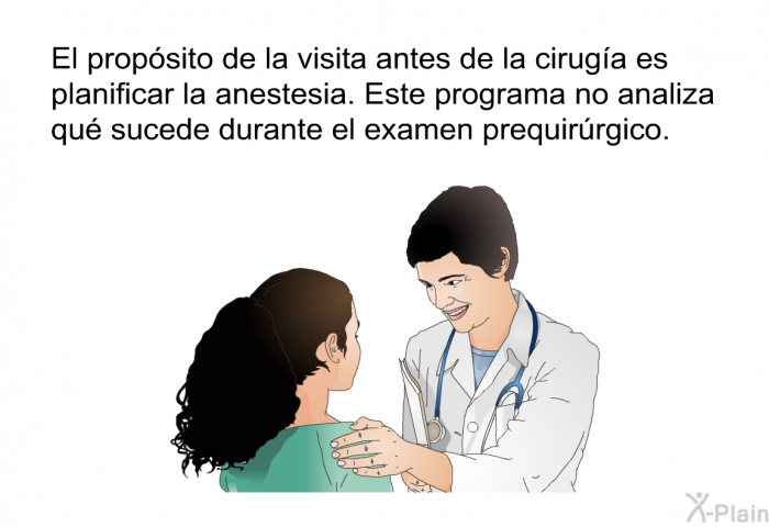 El propsito de la visita antes de la ciruga es planificar la anestesia. Esta informacin acerca de su salud no analiza qu sucede durante el examen prequirrgico.