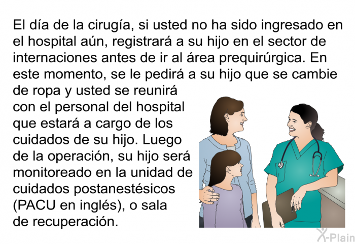 El da de la ciruga, si usted no ha sido ingresado en el hospital an, registrar a su hijo en el sector de internaciones antes de ir al rea prequirrgica. En este momento, se le pedir a su hijo que se cambie de ropa y usted se reunir con el personal del hospital que estar a cargo de los cuidados de su hijo. Luego de la operacin, su hijo ser monitoreado en la unidad de cuidados postanestsicos (PACU en ingls), o sala de recuperacin.