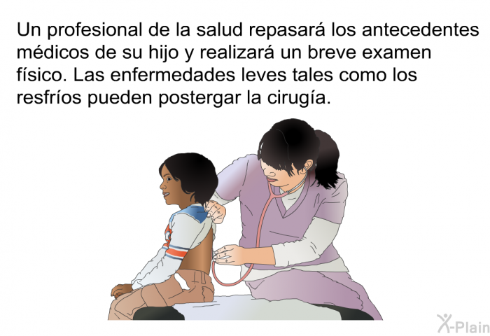 Un profesional de la salud repasar los antecedentes mdicos de su hijo y realizar un breve examen fsico. Las enfermedades leves tales como los resfros pueden postergar la ciruga.