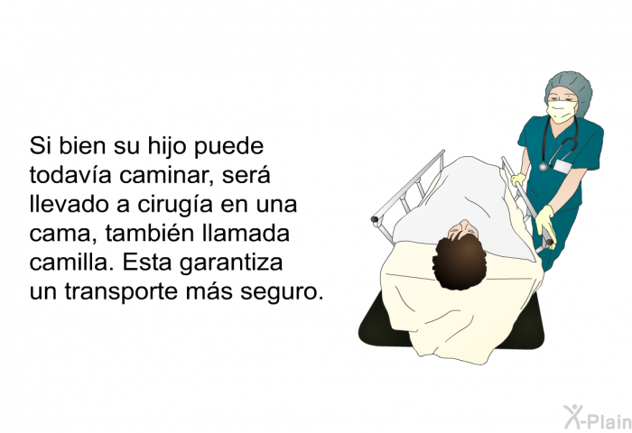 Si bien su hijo puede todava caminar, ser llevado a ciruga en una cama, tambin llamada camilla. Esta garantiza un transporte ms seguro.