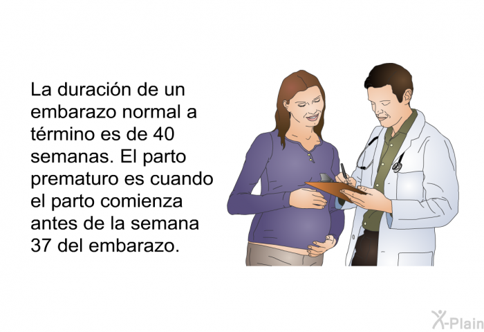 La duracin de un embarazo normal a trmino es de 40 semanas. El parto prematuro es cuando el parto comienza antes de la semana 37 del embarazo.