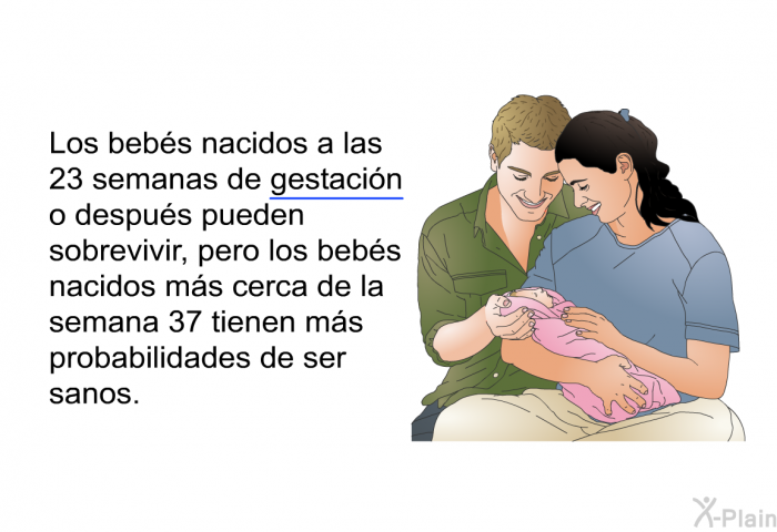 Los bebs nacidos a las 23 semanas de gestacin o despus pueden sobrevivir, pero los bebs nacidos ms cerca de la semana 37 tienen ms probabilidades de ser sanos.