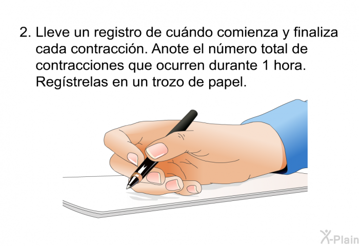 Lleve un registro de cundo comienza y finaliza cada contraccin. Anote el nmero total de contracciones que ocurren durante 1 hora. Regstrelas en un trozo de papel.
