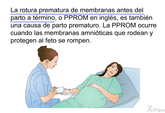 La rotura prematura de membranas antes del parto a trmino, o PPROM en ingls, es tambin una causa de parto prematuro. La PPROM ocurre cuando las membranas amniticas que rodean y protegen al feto se rompen.