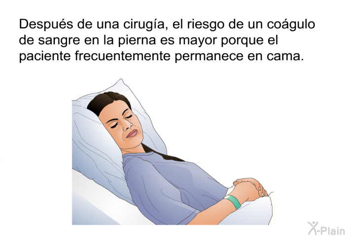 Despus de una ciruga, el riesgo de un cogulo de sangre en la pierna es mayor porque el paciente frecuentemente permanece en cama.