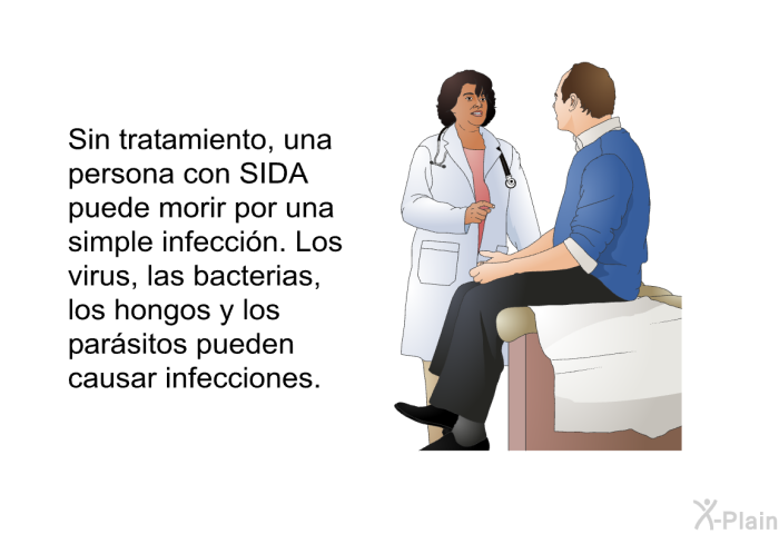 Sin tratamiento, una persona con SIDA puede morir por una simple infeccin. Los virus, las bacterias, los hongos y los parsitos pueden causar infecciones.