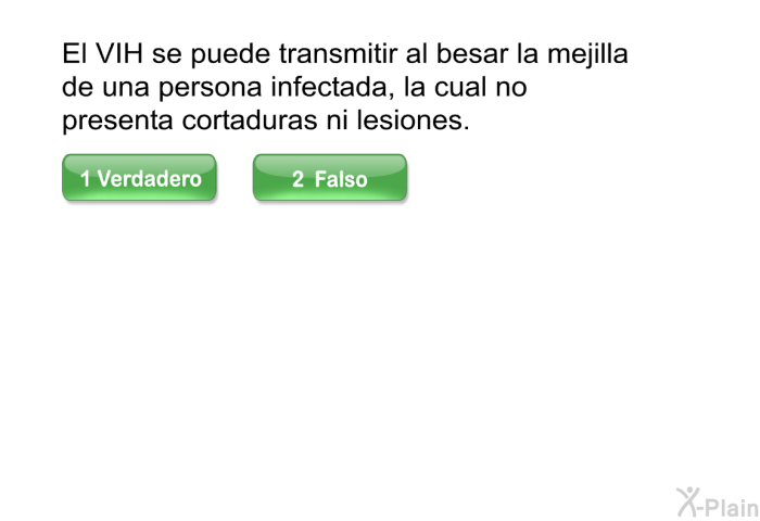 El VIH se puede transmitir al besar la mejilla de una persona infectada, la cual no presenta cortaduras ni lesiones.