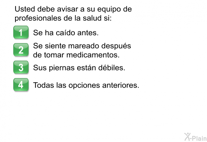 Usted debe avisar a su equipo de profesionales de la salud si:  Se ha cado antes. Se siente mareado despus de tomar medicamentos. Sus piernas estn dbiles. Todas las opciones anteriores.