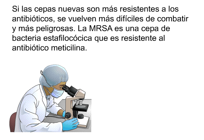 Si las cepas nuevas son ms resistentes a los antibiticos, se vuelven ms difciles de combatir y ms peligrosas. La MRSA es una cepa de bacteria estafiloccica que es resistente al antibitico meticilina.
