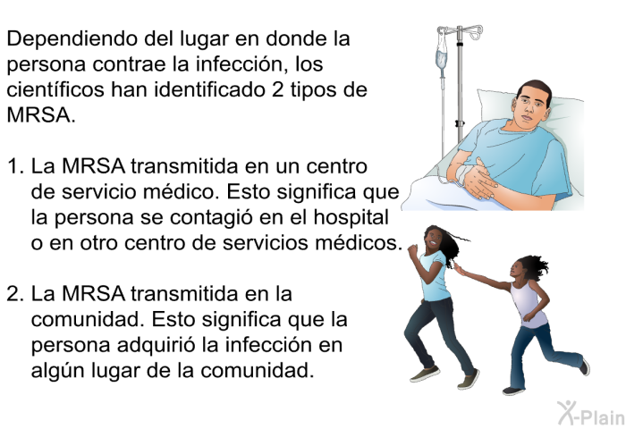 Dependiendo del lugar en donde la persona contrae la infeccin, los cientficos han identificado 2 tipos de MRSA.  La MRSA transmitida en un centro de servicio mdico. Esto significa que la persona se contagi en el hospital o en otro centro de servicios mdicos. La MRSA transmitida en la comunidad. Esto significa que la persona adquiri la infeccin en algn lugar de la comunidad.