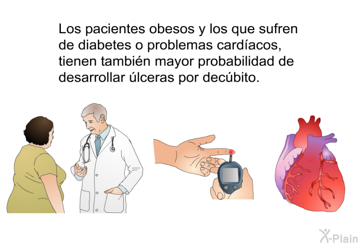 Los pacientes obesos y los que sufren de diabetes o problemas cardacos, tienen tambin mayor probabilidad de desarrollar lceras por decbito.