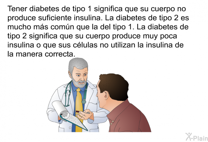 Tener diabetes de tipo 1 significa que su cuerpo no produce suficiente insulina. La diabetes de tipo 2 es mucho ms comn que la del tipo 1. La diabetes de tipo 2 significa que su cuerpo produce muy poca insulina o que sus clulas no utilizan la insulina de la manera correcta.