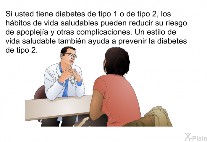 Si usted tiene diabetes de tipo 1 o de tipo 2, los hbitos de vida saludables pueden reducir su riesgo de apopleja y otras complicaciones. Un estilo de vida saludable tambin ayuda a prevenir la diabetes de tipo 2.