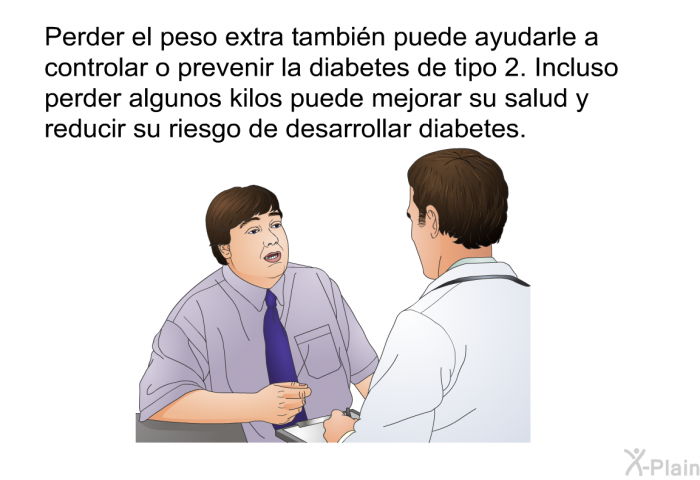 Perder el peso extra tambin puede ayudarle a controlar o prevenir la diabetes de tipo 2. Incluso perder algunos kilos puede mejorar su salud y reducir su riesgo de desarrollar diabetes.