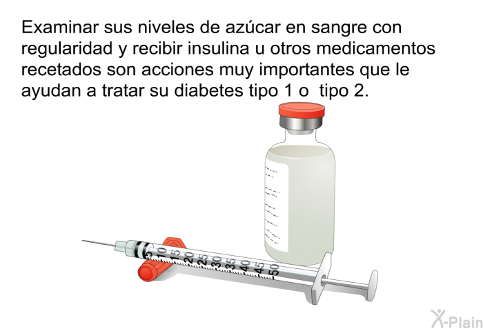 Examinar sus niveles de azcar en sangre con regularidad y recibir insulina u otros medicamentos recetados son acciones muy importantes que le ayudan a tratar su diabetes tipo 1 o tipo 2.