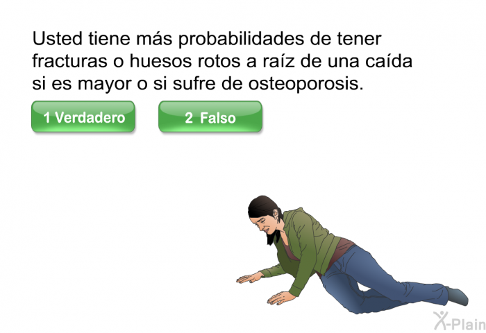 Usted tiene ms probabilidades de tener fracturas o huesos rotos a raz de una cada si es mayor o si sufre de osteoporosis.