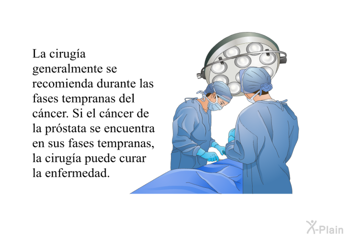 La cirug�a generalmente se recomienda durante las fases tempranas del c�ncer. Si el c�ncer de la pr�stata se encuentra en sus fases tempranas, la cirug�a puede curar la enfermedad.