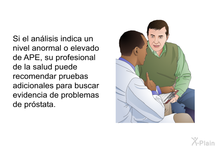 Si el an�lisis indica un nivel anormal o elevado de APE, su profesional de la salud puede recomendar pruebas adicionales para buscar evidencia de problemas de pr�stata.
