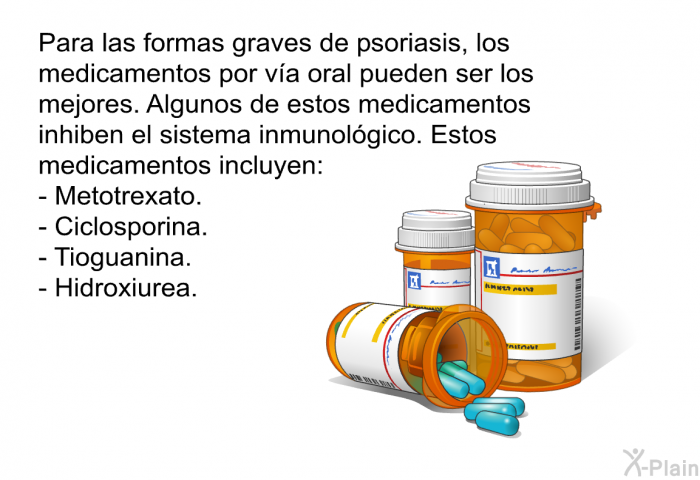 Para las formas graves de psoriasis, los medicamentos por v�a oral pueden ser los mejores. Algunos de estos medicamentos inhiben el sistema inmunol�gico. Estos medicamentos incluyen: &bull; Metotrexato. &bull; Ciclosporina. &bull; Tioguanina. &bull; Hidroxiurea.