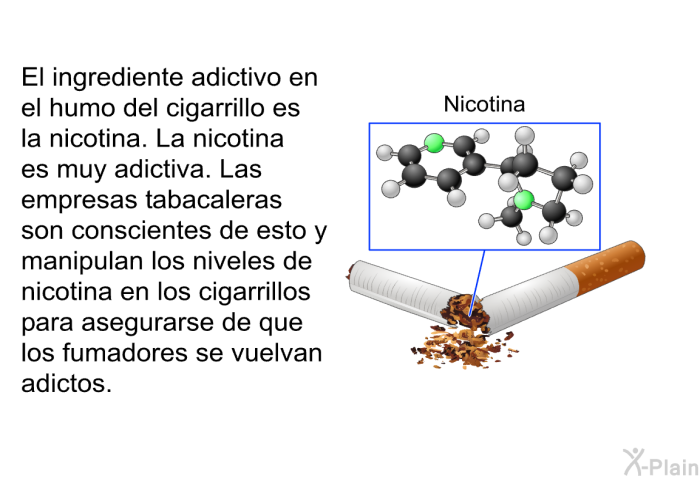 El ingrediente adictivo en el humo del cigarrillo es la nicotina. La nicotina es muy adictiva. Las empresas tabacaleras son conscientes de esto y manipulan los niveles de nicotina en los cigarrillos para asegurarse de que los fumadores se vuelvan adictos.