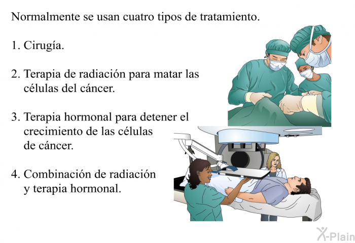 Normalmente se usan cuatro tipos de tratamiento.  Cirug�a. Terapia de radiaci�n para matar las c�lulas del c�ncer. Terapia hormonal para detener el crecimiento de las c�lulas de c�ncer. Combinaci�n de radiaci�n y terapia hormonal.